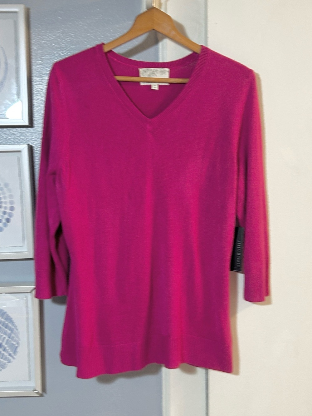 NWT Debbie Morgan Women’s Fuchsia 3/4 Length Sleeve V-Neck Sweater Size XL